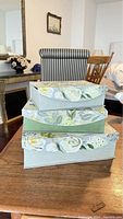 Three floral patterned nesting boxes stacked on a wooden table in an indoor setting