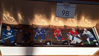 Shelf showing portion of hockey trading cards featuring players in various team jerseys, such as Toronto Maple Leafs, Edmonton Oilers, Calgary Flames, Montreal Canadiens, and Vancouver Canucks.