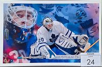 Photo of full Ed Belfour goalie print showing multi-layered collage with goalie in action, featuring Toronto Maple Leafs colors and equipment.
