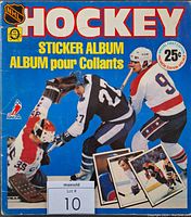 Front cover of the 1981 O-Pee-Chee hockey sticker album showing a goalie and two players, one wearing number 27 and another number 9, with title text and price sticker.