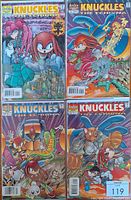 Four 'Knuckles The Echidna' comic books issues #5, 7, 8, 9 front covers shown in one image, displaying colorful action artwork and titles.