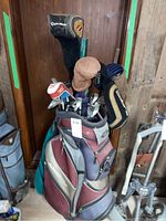 Golf bag filled with various left-handed golf clubs and head covers, golf umbrella visible behind
