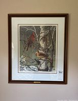 Full view of framed bird print titled 'Royal Pair' showing two birds on a tree branch with a dark background.