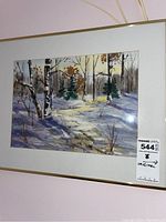 Full view of the framed original watercolour artwork depicting a forest path in winter with birch trees and light filtering through the trees.