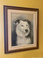 Framed pastel drawing of a white long-haired dog with black ears hung on a wall, showing the overall artwork and frame.