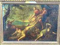 Full frontal view of oil painting on board in gilt-wood frame