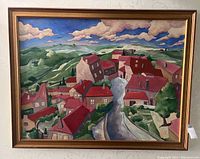 Full view of painting including gold-tone wood frame hanging on wall