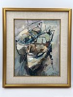 Framed abstract fishing boats painting showing full artwork and frame