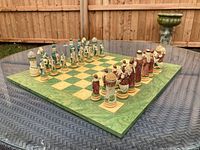 Chessboard with all available chess pieces arranged on the board, showing sides and detailing of red and blue medieval figurine pieces.