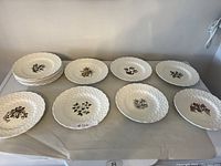 Nine white ceramic plates arranged on cloth, each with distinct provincial flower painted design and scalloped, textured rims.