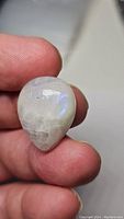 Close-up of a pear-shaped rainbow moonstone cabochon held between thumb and finger, showing blue iridescence and some surface texture.