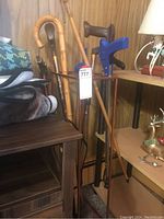 Multiple walking canes and grabbers standing in a cane rack near wooden furniture and a decorative lamp with deer figurines on shelves nearby.