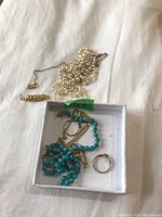 Overall shot of jewelry lot in white tray showing necklaces, rings and pendant