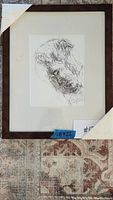 Framed black ink drawing by Eric Fiazi, showing full artwork with matting and wooden frame, measuring 18 x 22 inches.