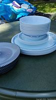 Stack of white Corelle bowls on top of Corelle dinner plates with blue floral patterns and separate stack of black and white dashed Royal Norfolk plates on green surface outdoors.