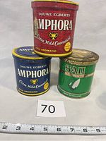 Three vintage coffee tins: red and blue Douwe Egberts Amphora tins, green Sail Aromatic tin