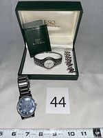 ESQ Freedom watch in original green ESQ box with additional expansion links and paperwork, alongside Acqua watch with metal band and black dial