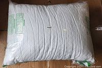 Photo of two white queen size pillows sealed in clear plastic packaging on a cardboard surface. The pillows have a quilted textile pattern and labeling visible on packaging.