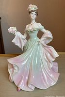 Front view of the Coalport Summer Rose porcelain figurine, showing the figure in a flowing pastel green and pink gown holding a floral bouquet.