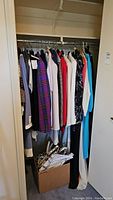 Closet view of assorted eveningwear on hangers