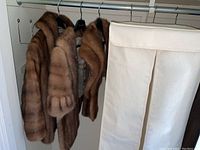 Three brown mink pieces (two stoles and one jacket) hanging on rod with white cloth coat bag beside