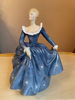 Front view of Royal Doulton Fragrance figurine in blue gown with white starburst designs and collar.