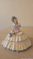 Full view of the vintage Royal Doulton porcelain figurine titled Daydreams HN 1731 in pastel dress and bonnet seated with flowers.