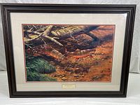 Framed print in dark wood frame with brass title plaque 'Brush Pile Brookies'