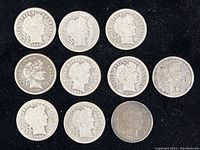 Front side of ten Barber dimes arranged in three rows, showing dates and Liberty heads with varied mint marks.
