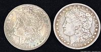 Obverse side of the two Morgan Silver Dollars showing Lady Liberty and the dates 1884 and 1885.