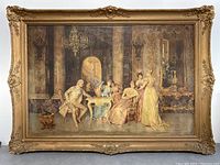 Full frontal view of framed reproduction art print showing five figures in an ornate interior setting.