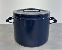 Front view of the large blue enamel steel pot with lid, showing front handle and lid handle clearly.