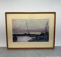 Full view of framed pastel drawing showing harbor scene with boats and crane, soft pastel colors, minor wear on mat board and frame