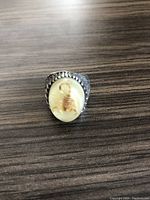 Top view of sterling silver ring showing oval cabochon with scorpion inside and textured band.