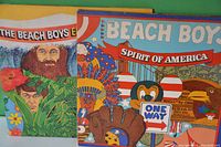 Photo showing two vinyl albums by The Beach Boys: "Spirit of America" with cartoon patriotic cover and "Endless Summer" with illustrated band portrait cover.