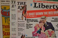 Five vintage magazines overlapping and angled to show partial titles and vibrant vintage covers from 1908 to 1993.