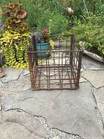 Front view of the rusty vintage wire basket placed outdoors on a stone patio with garden plants in the background.