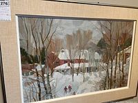 Full view of framed oil painting showing snow-covered houses and leafless trees with people walking in snow.