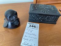 Photo of the carved bird figure and the West Coast style box side by side with size note