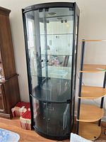 Front view of the tall black curio cabinet with curved glass doors and interior glass shelves, positioned near other furniture.