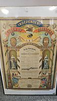 Full view of the rare Independent Order of Foresters 1893 poster showing colorful central crest, figures, flags, and official text in the middle with signs of wear.