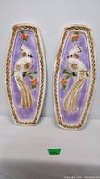 Pair of vintage chalkware cockatiel wall plaques side by side against a wall showing overall decoration and size.