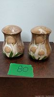 Front view of a pair of ceramic salt and pepper shakers shaped like mushrooms showing brown caps, beige stems, and green grass details.