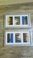 Two wooden frames placed on the floor, each containing a white matte with three 3.5 x 5.5 inch photos. Frames show silver paint with some chipped areas and no visible scratches.