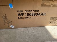 Photo of the box showing item description, model number WF190990AAK, and illustration of dining chair design.