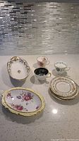 Overview of the complete set of teacups, saucers, and nip dishes arranged on a counter
