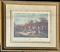 Framed aquatint engraving with mat and glass, detailed hunting scene with riders, horses, and hounds.