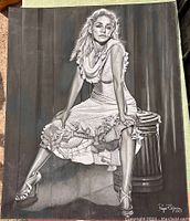 Full view of the large charcoal portrait drawing showing the seated woman in ruffled dress and detailed textures.