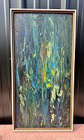 Full view of framed abstract oil painting on board by Lorna Whimsett showing overall composition
