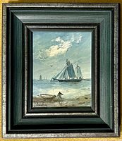 Original oil painting by T. Strandberg, showing a sailboat on water with figures on the beach in foreground, housed in original wood frame.